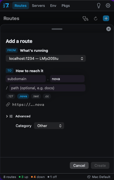 New route: pick a port, name a subdomain, create