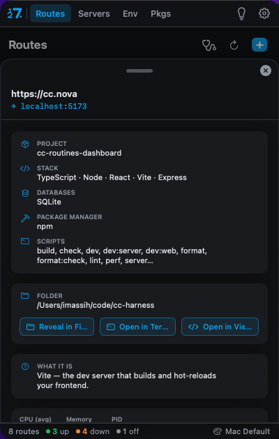 Route details: project stack, databases, and quick actions