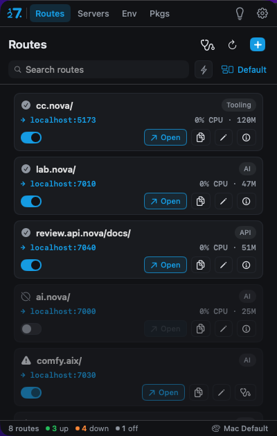 127 Routes screen, every local app mapped to a clean domain