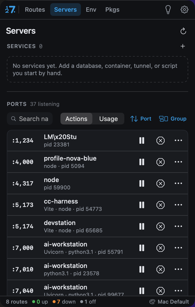 Servers screen: listening ports, processes, live CPU and RAM
