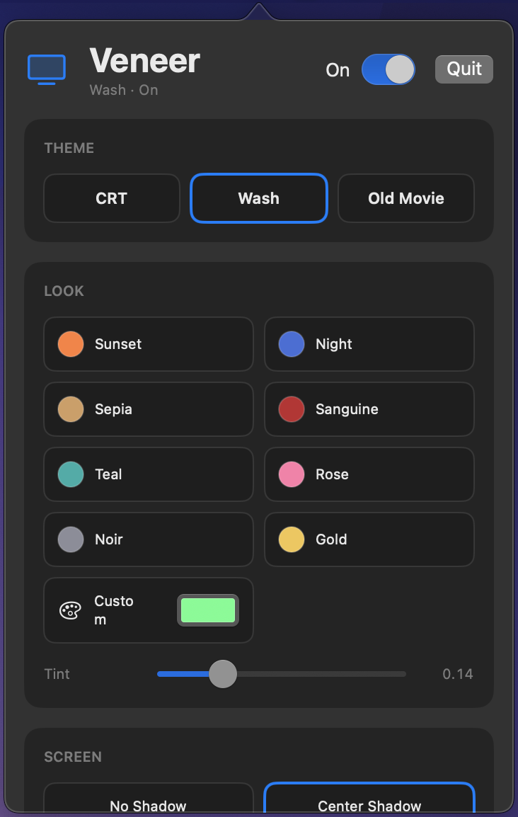 Veneer control panel, Wash